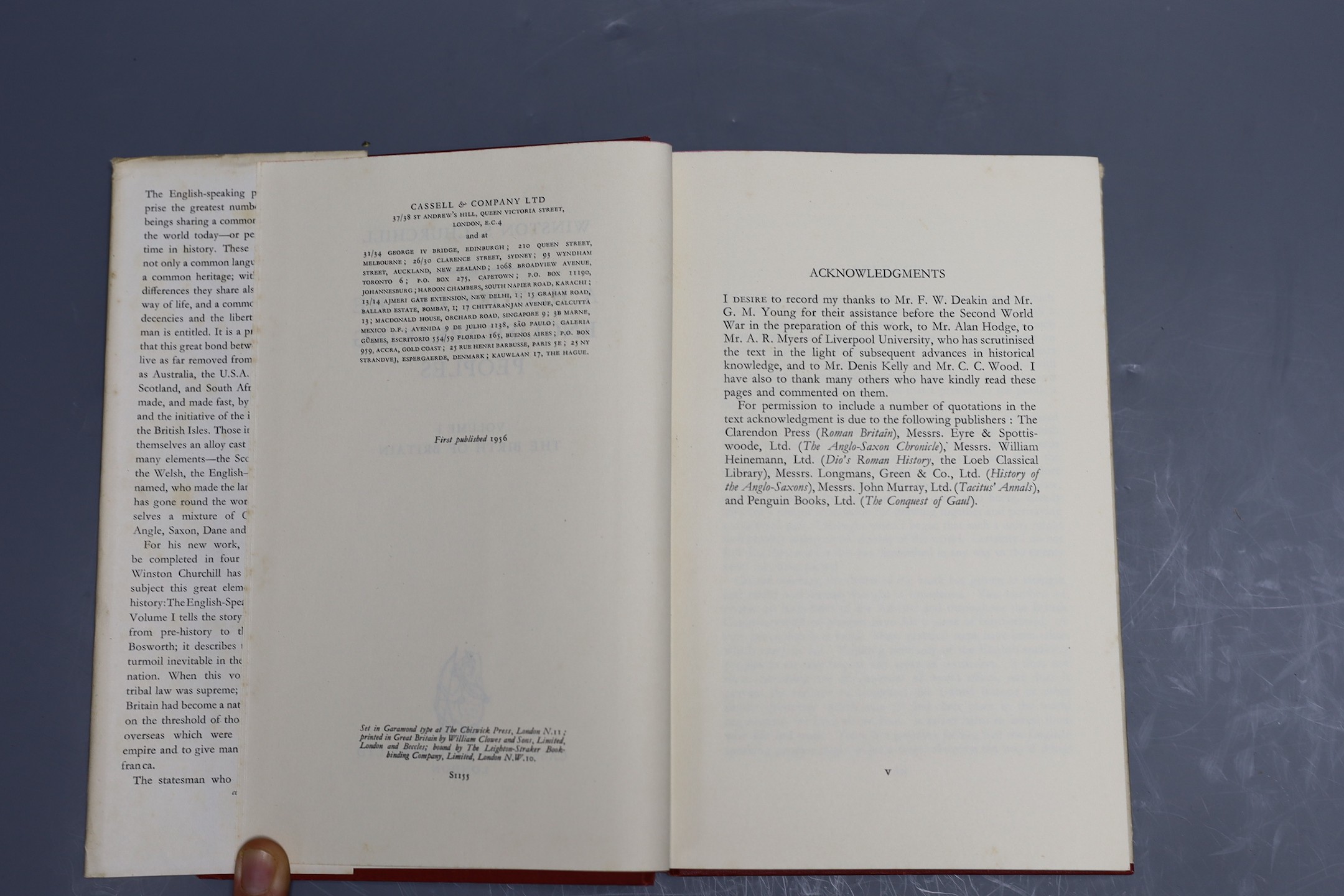 Churchill, Winston Spencer - A History of the English-Speaking Peoples, 1st edition, 4 vols, red cloth gilt, with price clipped d/j’s, Cassell and Company, London, 1956-58